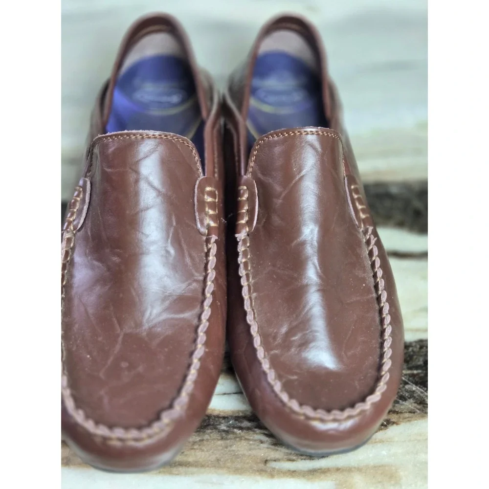 Mens Brown Leather Driving Loafers Slip On Moc Toe‎ Size 10 M Minimalist Preppy